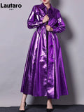 Autumn Long Shiny Reflective Patent Pu Leather Trench Coat for Women Zipper Runway Fashion Luxury Designer Clothes