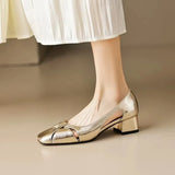 Vintage Silver Shallow Mouth Sandals Women's Low Heel Summer 2025 New Style Elegant Soft Leather Square Head Thick Heel Mary Jane