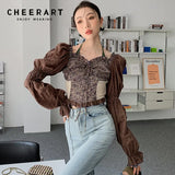 Brown Puff Sleeve Crop Halter Top Puff Sleeve Blouse Women Lantern Sleeve Backless Long Sleeve Top