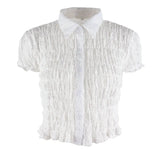 Y2K Streetwear Ruched Lace Crop Tops 2000s Vintage Ruffles Short Sleeve White T-shirts Single-breasted Sexy Outfits