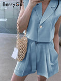 Elegant sleeveless shoulder pad blue two piece sets women High waist pocket wide-leg short suits Casual summer work
