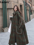 Autumn Winter Long Oversized Warm White Patchwork Plaid Wool Blends Trench Coats Women with Hood Runway Korean