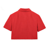 Red Solid Collar Short Sleeve Buttoned Top And Mini Skirt Set-Outfit