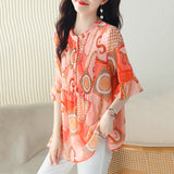 High-End Chiffon Middle Sleeve Shirt 2025 New Foreign Style Small Shirt To Cover The Belly Large Size