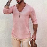 Mens New Autumn Casual Skinny Long Sleeve V-Neck Tee Shirt 2022 Fashion All-match Tops Pullover Retro Rib Solid Knitted