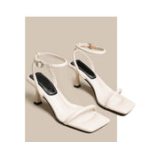 Soft ~ Peaching Feeling Side Toe With Fashion Fine Heel Women's Summer White High Heels Roman
