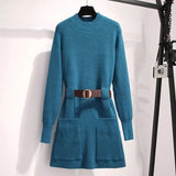 Lantern Sleeves Solid Color Knitted Dress Women With Belt Long Sleeves Mid-length Pullover A-line Dress Female 2021
