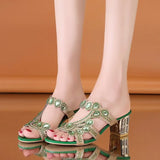Zingj 2023 Summer Korean Rhinestone Slippers Women Wear Thick Heel With One-Flops Large Size Sandals- Outfit