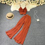Zingj Suit Female Feel V-Neck Kink Sling Vest Two-Piece High Waist Slim Pleated Wide Leg