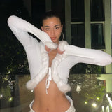 Zingj SUCHCUTE 2023 Streetwear Fashion Woman Cardigan Sweaters With Fur Trim Collar Korean Style Casual Female Cropped Sweater Knitted 1215-0-Outfit