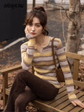 Striped Sweater Women Aurtumn Korean Fashion Slim Oneck Pullover Long Sleeves Knitted Tops Chic Female Tops