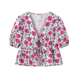 2024 Summer New Women's Street Fashion V-Neck Print With Short-Sleeved Shirt W091 1859-Outfit