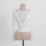 t-shirt women Fake Two Pieces Sexy Perspective Mesh lace Irregular Organza befree summer top korean clothes funny