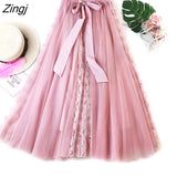 Tulle Pleated Skirt Women Sweet Korean Bow Lace Up Long Skirt Female Spring A-Line Elastic High Waist Skirt Faldas