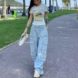 blue multi-pocket niche design tooling jeans women 2022 summer hiphop y2k vintage streetwear loose straight wide-leg