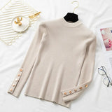 autumn winter women thick sweater pullovers long sleeve button o-neck chic Sweater Female Slim knit top soft jumper