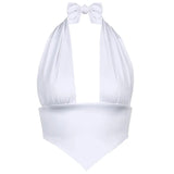 V Neck Sexy Backless Halter Top Summer Black White Sleeveless Crop Tops Tees Women Fashion Basic 90s