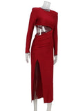 Red Solid Slit Long Sleeve Midi Dress- Outfit