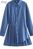 Blue Shirt Dress Woman Striped Pleated Short Dresses For Women Long Sleeve Casual Summer Women's Dresses Button Mini