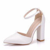 7 Cm Thick Heel Sharp-Headed Hollow Sandals Spring Square Side Light Women's Shoes White Buckle Bride High