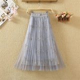 Embroidered Mesh Skirt Emale Spring Long Fairy Skirt Elastic Wasit A Line Flower Women Pleated Skirt Party