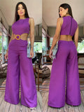New Summer Solid Women Jumpsuit Sleeveless O-neck Naked Waist Wide Leg Long Pant Bodysuit Fashion Fit Casual