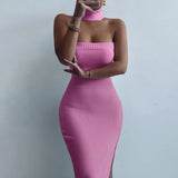 Dresses Woman 2022 Elegant Halter Turtleneck Off Shoulder Bodycon Hollow Out Backless High Split Mid-calf Party