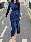 Autumn Women Fasion Split Midi Dress Office Lady Casual Bodycon Dress Chic Female Shirt