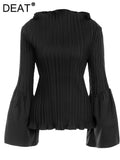 Fashion Elegant Women's Tops New Ruffled Collar Flare Sleeve Slim Solid Color Folds T-shirt Female Tide Summer 2023