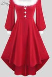 Christmas Costume Party Dress Women Long Sleeve Deep V-neck Vintage Elegant Winter Dress New Year Holiday
