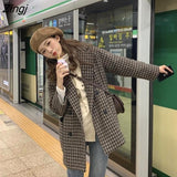 Women Wool Blends Plaid Winter Thick Cotton Vintage Harajuku Korean Style Trendy Womens Woolen Suit-coat Streetwear Lattice