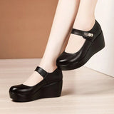 2021 Spring Leather Shoes Women Platform Wedges Shoe High Heels Round Toe Comfortable Black Women Pumps Large Size