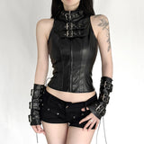 Street Babes High-Necked Metal Buckle Leather Waist Design Repair Short Sleeveless