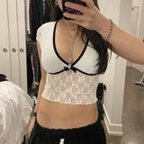 Zingj Pure Desire Lace Bow Splicing Color T-Shirt V Collar Slim Micro Revealed Umbilical