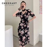 Vintage Puff Sleeve Floral Long Midi Dress Women Summer Short Sleeve Tunic Bodycon Ladies V Neck Ladies Cheongsam