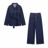 2025 New Women's Belt Denim Jacket + Straight Trousers