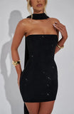 Sequin Tube Bodycon Mini Dress With Sparkle Scarf Collar- Outfit