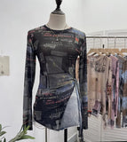 Vintage Tie-Dye-Print Net Yarn Jersey Long-Sleeved Top Irregularly T-Shirt With Thin Short T-Shirt