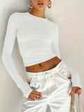 Women T-shirt Long Sleeve Crew Neck Solid Slim Fit Ladies Crop Top with Thumb Holes for Daily Streetwear Summer