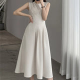 New Spring Summer O Neck Solid Color Sleeveless Chic Dress For Women's French Waist Show Thin Temperament Goddess Fan