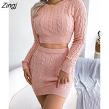 Fashion Twist Knitted Sweater Skirt 2 Piece Set for Women Suit 2022 new Solid Short Tops + Elastic Waist Mini Skirt