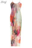 Tie Dye Tulle Long Dress Women Summer Slip Bodycon Dress 2023 Backless Sexy Summer Dresses Midi Evening Party