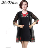 2 Pieces Women Dress 2019 Summer Floral Embroidery Lady Dress Tunics Vestidos Robe Femme Red Black Gray XL~3XL 4XL Plus
