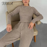 2020 Women Set Sweater Top Long Sleeve And Biker Pants Autumn Winter White Casual Two Piece Set Warm Outfits