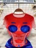 Women Fashion Print Suits O Neck Short Sleeves Slim Bodysuits+Bodycon Mini Skirt Streetwear Y2K Retro Two Pieces