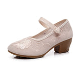 Zingj Heel High Heels Single Shoes Ethnic Style Embroidered Cloth Shoes Retro One Word With Thick Heel Solid Color Women's