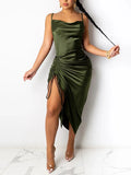 Ruched Satin Summer Dress Drawstring Spaghetti Straps Cowl Neck Backless Long Dresses for Women Party Sexy Vestidos