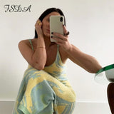 2021 Print Knit Bodycon Dress Women Green Summer Hollow Out Sexy Sleeveless Spaghetti Strap Beach Midi Dresses