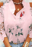 Hollow Out Printed Women Blouses Summer Female Strapless Blouse Casual Tops V-Neck Elegant Short Sleeve Lace Shirts