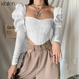 2021 Spring Fashion Elegant Puff Sleeve Square Collar T Shirt Women Skinny Casual Streetwear Crop Corset Top